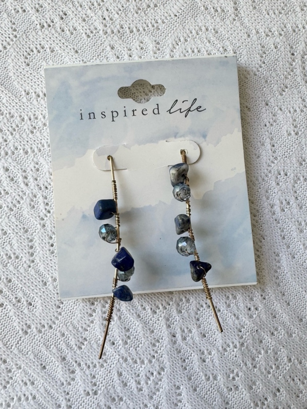 Inspired Life Earrings Blue Stone Chip Faceted Bead Linear Dangle Boho